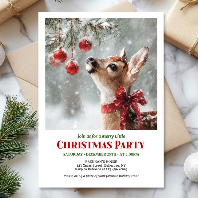 Convite de Natal com cervo fauno aquarela em flore (Watercolor fawn snowy forest serene winter Christmas invite

)