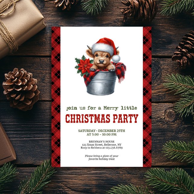 Convite de Natal com vaca das Highlands em estilo  (Farmhouse highland cow Christmas holiday invite)