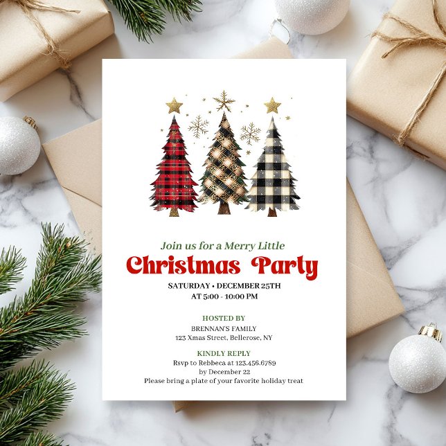 Convite de Natal de árvore de Natal xadrez búfalo  (Rustic buffalo plaid Christmas tree holiday invite)
