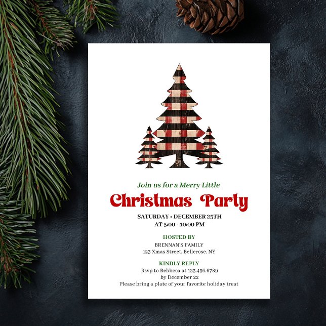 Convite de Natal de Árvore de Natal Xadrez Vermelh (Artistic Red Black Plaid Christmas Tree Invite)