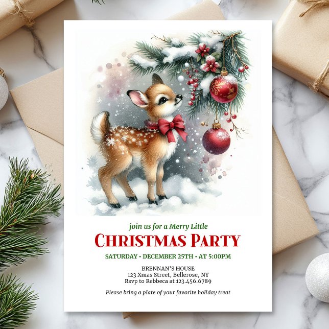 Convite de Natal de cervo bebê na floresta nevada  (Minimalist baby deer snowy forest watercolor scene Christmas invitation

)