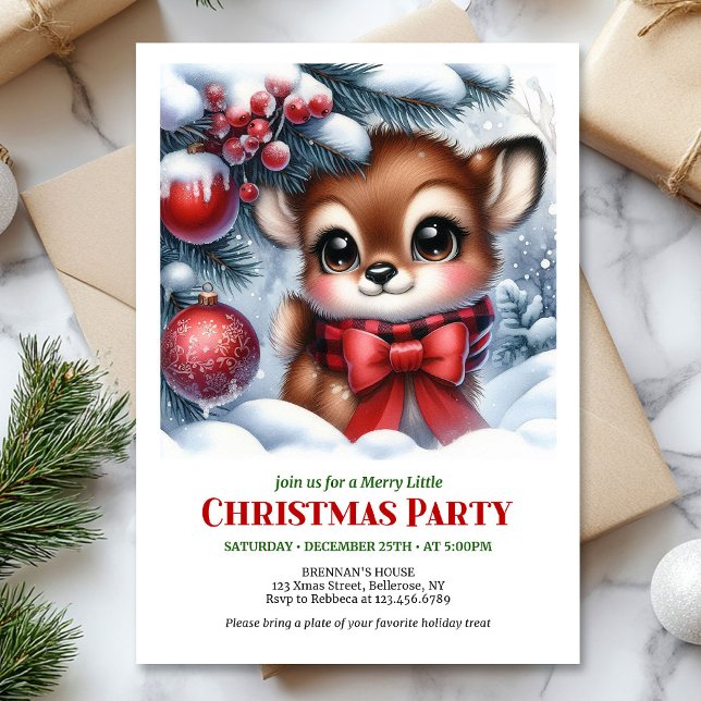 Convite de Natal de cervo bebê na floresta nevada  (Cozy snowy forest baby deer Christmas invitation printable card)