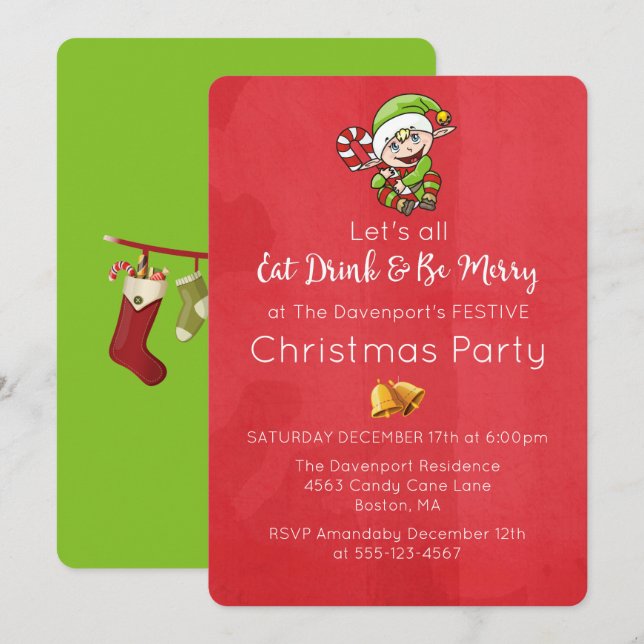 Convite de Natal de Elfo Fofo com Bengala de Natal (Frente/Verso)
