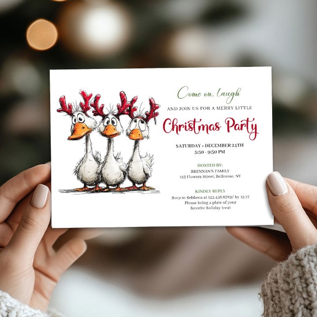 Convite de Natal de Gansos Bobos Humor Cartum Dive (Christmas Silly Geese Humor Playful Cartoon Invite)