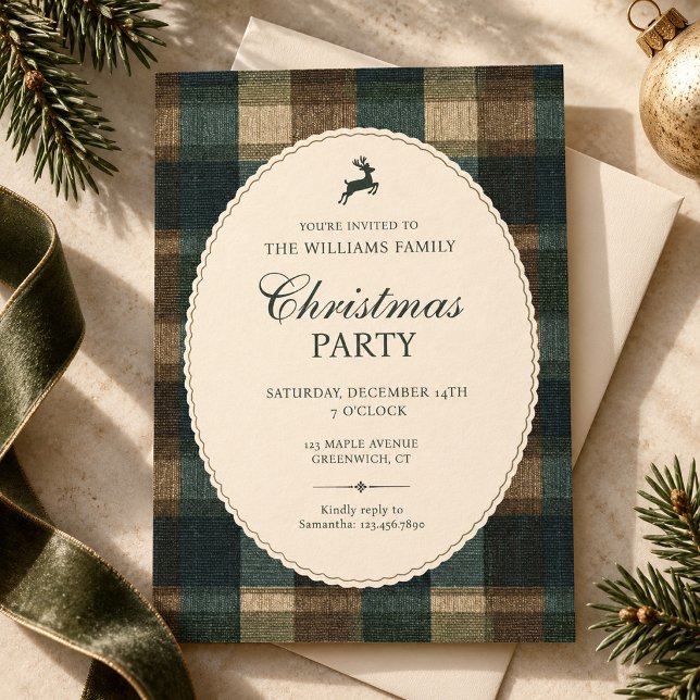 Convite de Natal de Plaid com Rena e Moldura Recor (Green and brown plaid Christmas party invitation with jumping reindeer and scalloped oval.)