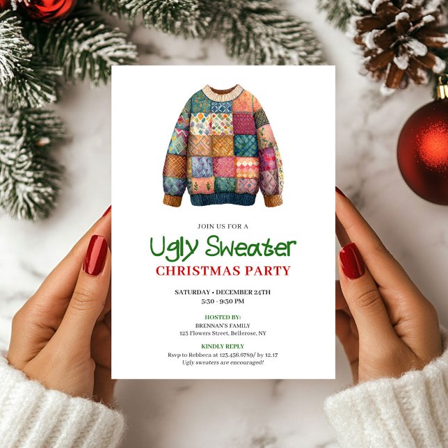 Convite de Natal de Suéter Feio Moderno e Divertid (Fun Modern Ugly Sweater Christmas Invitation)