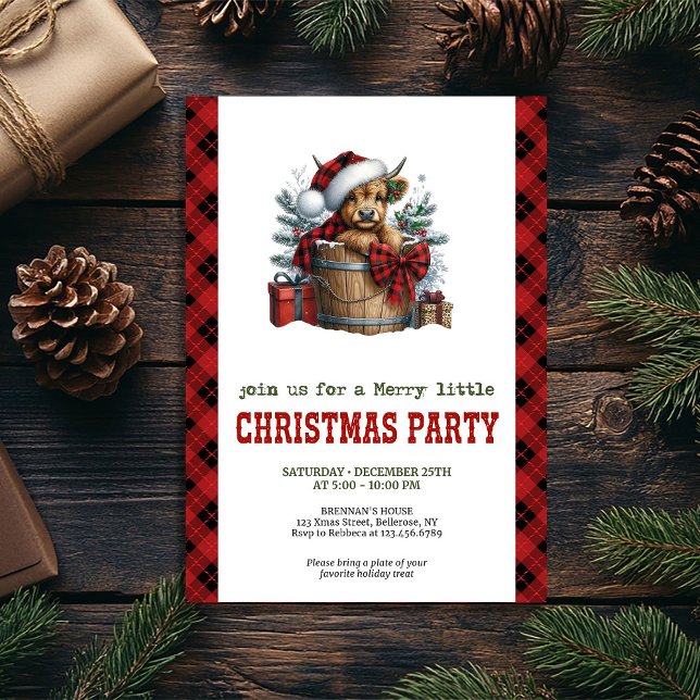 Convite de Natal de vaca das Terras Altas com baga (Highland cow Christmas invite with holly berries)