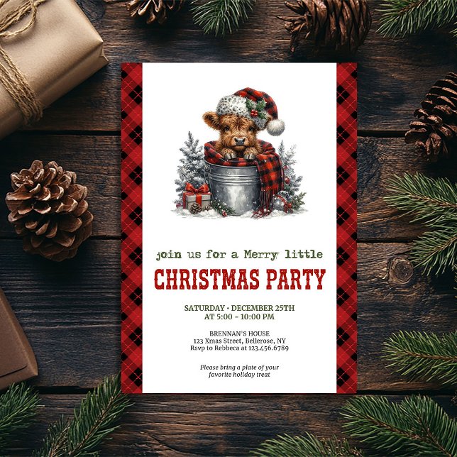 Convite de Natal de vaca highland em casa de fazen (Cozy farmhouse highland cow Christmas invitation)