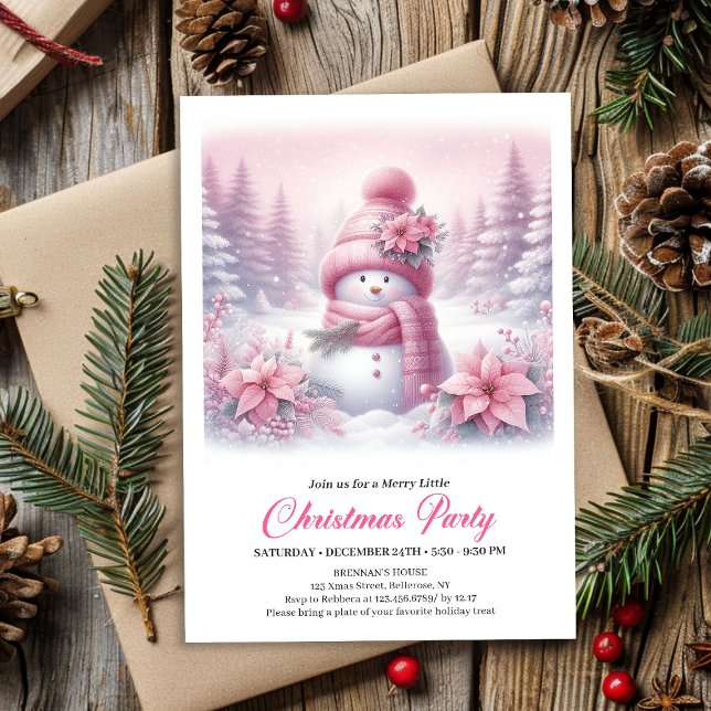 Convite de Natal Digital Boneco de Neve Rosa Angel (Angelic Pink Snowman Digital Christmas Invite for Children)