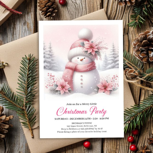 Convite de Natal Digital Caprichoso Homem de Neve  (Whimsical Pink Snowman Digital Christmas Invite for Kids)