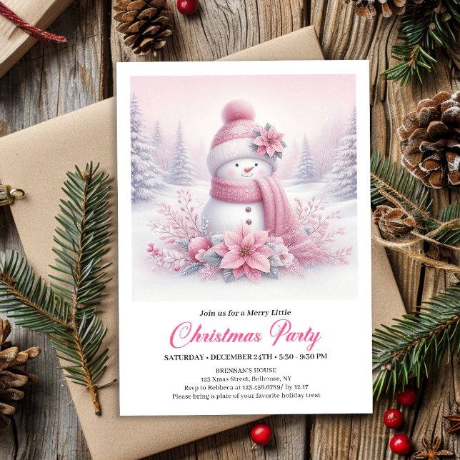 Convite de Natal Editável para Crianças Boneco de  (Lovely Pink Snowman Editable Christmas Kids Invite Download)