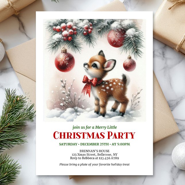 Convite de Natal editável para crianças com cervo  (Cute baby deer watercolor Christmas invite red green white)