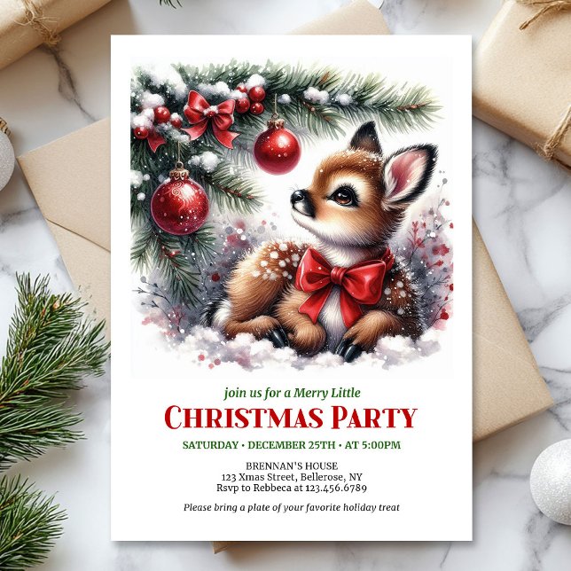 Convite de Natal editável para crianças com cervo  (Sweet baby fawn Christmas kids invitation editable template)