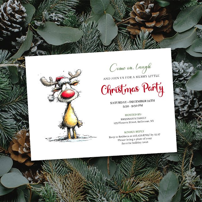 Convite de Natal Editável Rena Caprichosa (Whimsical Reindeer Editable Christmas Invitation)