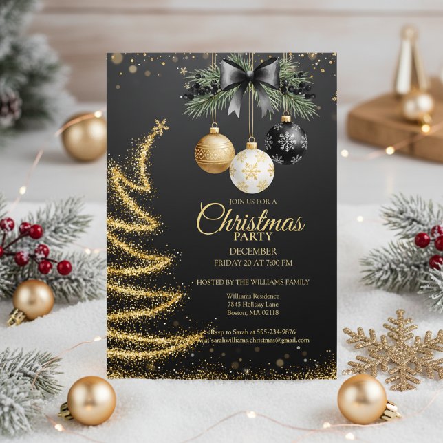 Convite de Natal Elegante em Dourado para Festa de (Gold Christmas Invitation)