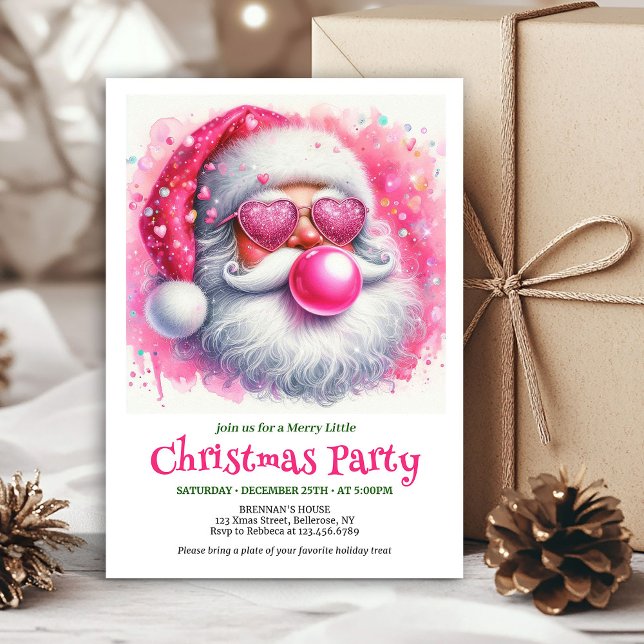 Convite de Natal em aquarela com Papai Noel rosa f (Cute pink santa chewing gum watercolor Xmas invite)