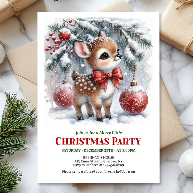 Convite de Natal em aquarela de cervo bebê doce  (Sweet baby deer watercolor Christmas invitation printable card)