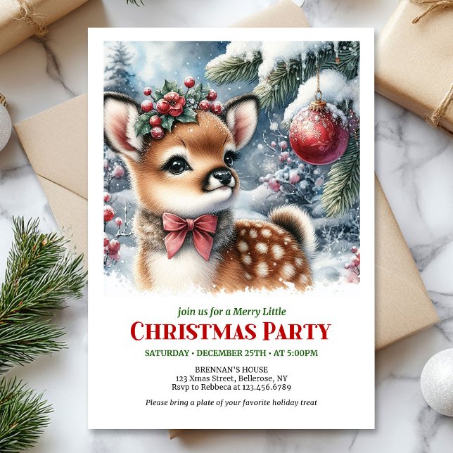 Convite de Natal em aquarela de cervo bebê sereno  (Serene baby deer watercolor Christmas invite editable download)