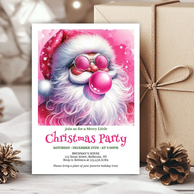 Convite de Natal em aquarela de Papai Noel rosa co (Cozy pink santa chewing gum watercolor Xmas invite)