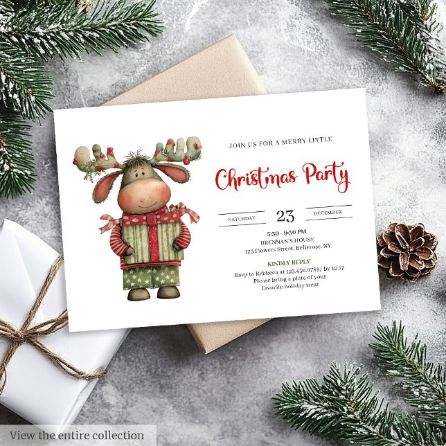 Convite de Natal em aquarela de renas excêntricas  (Chic Quirky Reindeer watercolor Christmas invite)