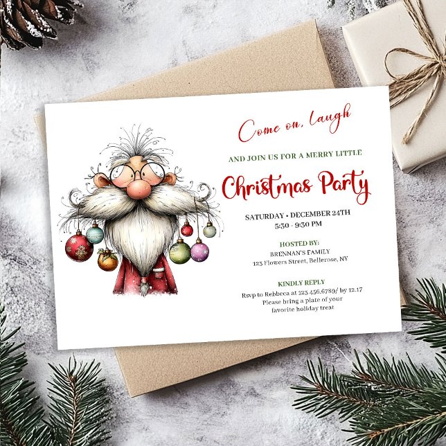 Convite de Natal em Aquarela do Papai Noel Moderno (Modern Quirky Santa Watercolor Christmas Invitation)