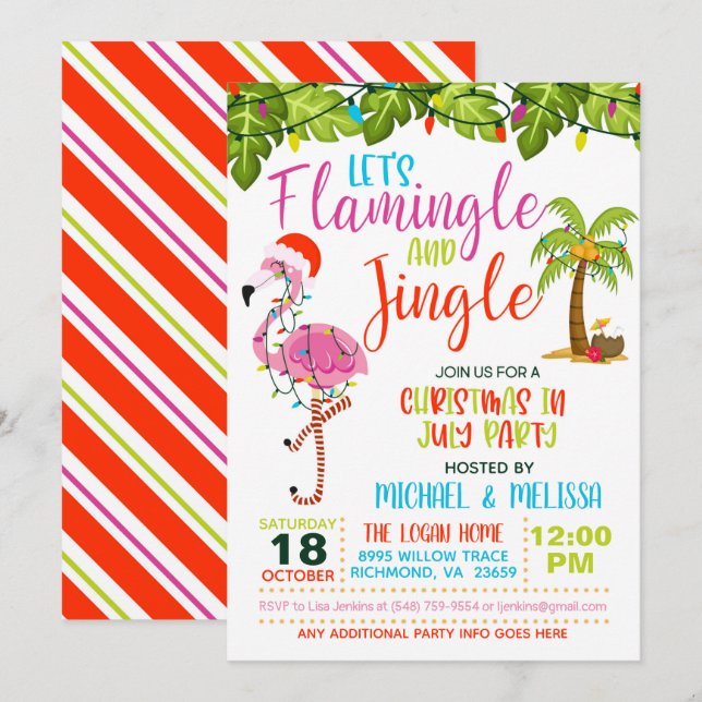 Convite de Natal em Julho com Flamingle e Jingle (Frente/Verso)