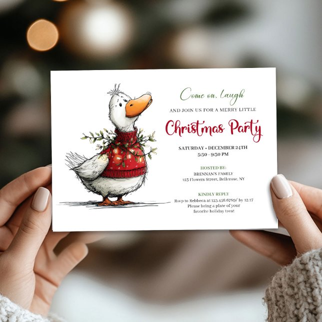 Convite de Natal Engraçado e Divertido de Pato de  (Christmas Funny Silly Goose Playful Cartoon Invite)