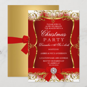 Convite de Natal Festa com Laço Damasco Dourado e