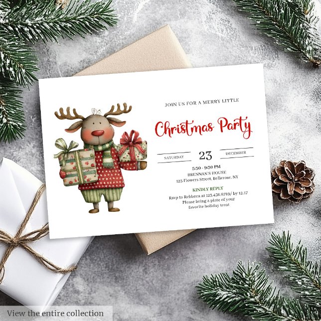 Convite de Natal festivo com renas excêntricas em  (Quirky Reindeer watercolor festive holiday invite)