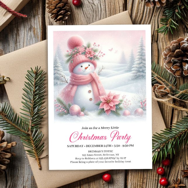 Convite de Natal Floresta Nevada Sonhadora com Bon (Dreamy Snowy Forest Pink Snowman Christmas Invite Download)