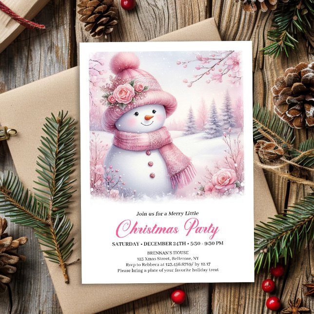 Convite de Natal Infantil Boneco de Neve Rosa Espe (Sparkling Pink Snowman Kids Christmas Invite Digital File)