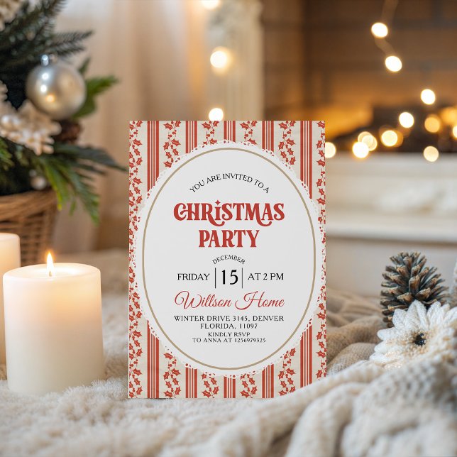 Convite de Natal Oval com Listras de Azevinho Verm (Criador carregado)