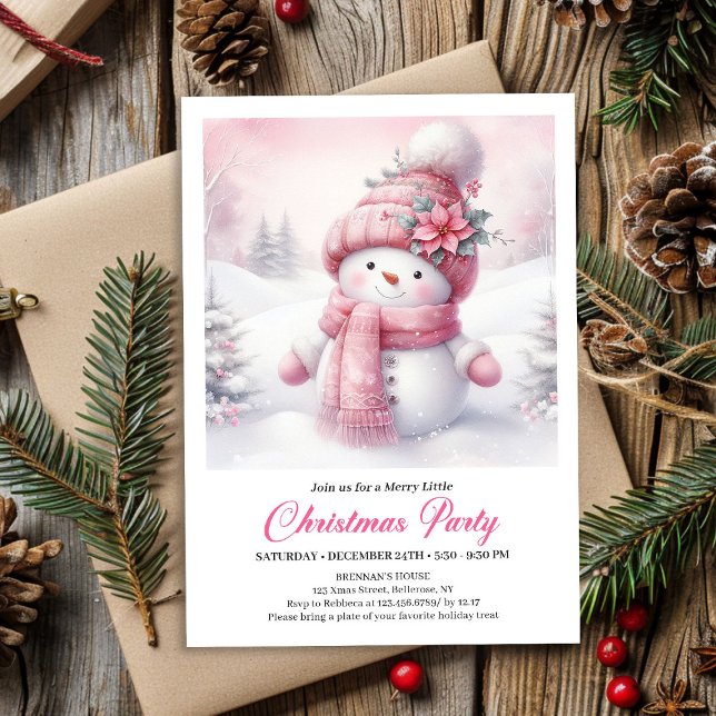 Convite de Natal para Crianças Boneco de Neve Rosa (Unique Pink Snowman Kids Download Christmas Invitation

)
