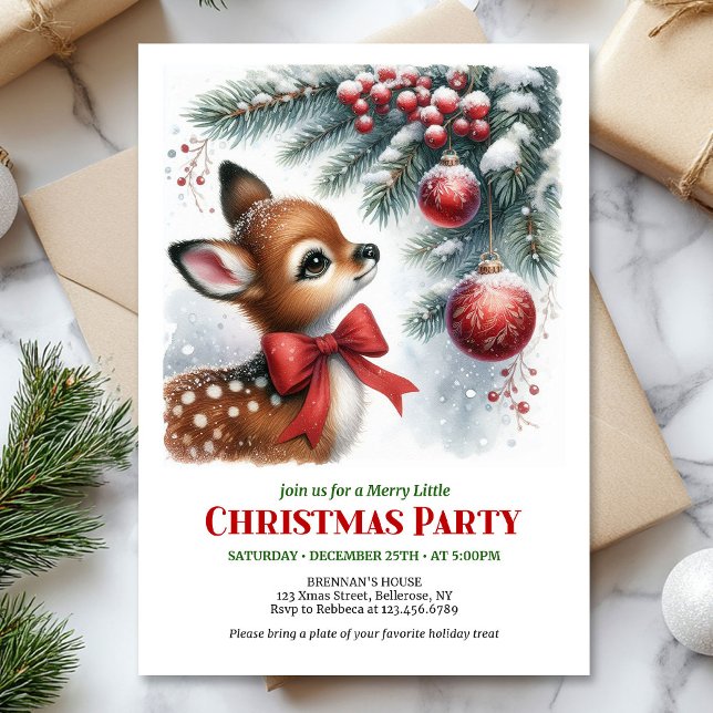 Convite de Natal para crianças com cervo bebê na f (Cozy snowy forest baby deer Christmas invite digital download)