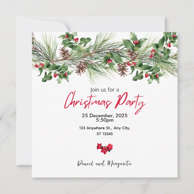 Convite de Natal para Festa com Aquarela Vermelha  (Frente)