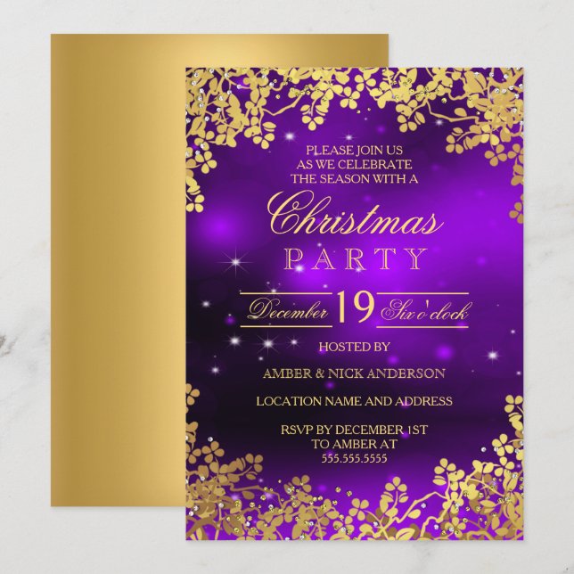 Convite de Natal para Festa com Coroa de Ouro Roxo (Frente/Verso)
