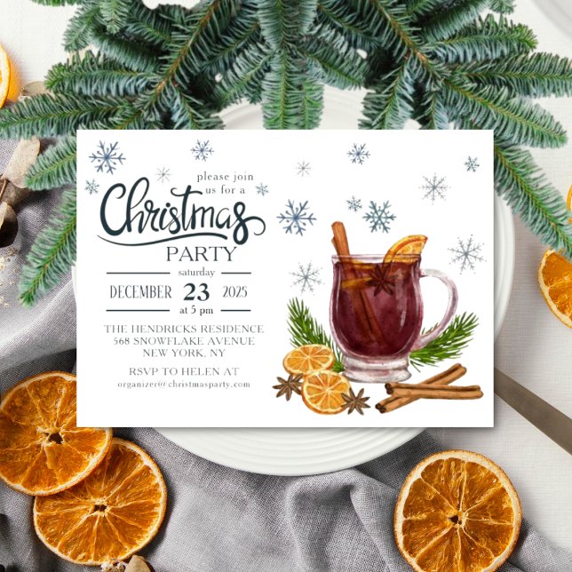 Convite de Natal para Festa em Aquarela (Watercolor Christmas Party Invitation with mulled wine)