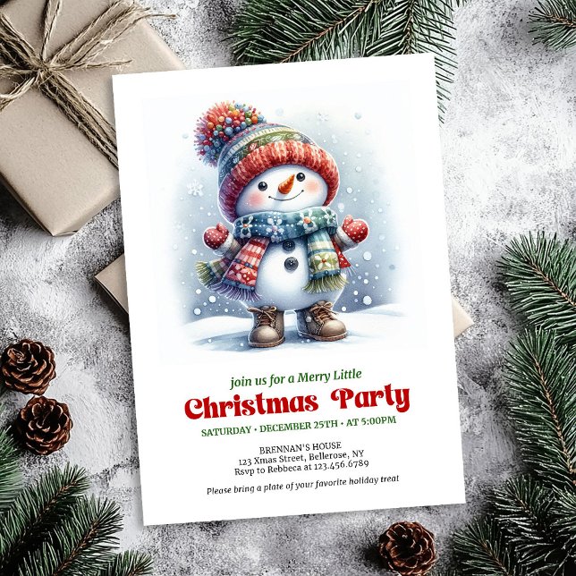 Convite de Natal refinado do boneco de neve fofo p (Refined Christmas snowman invite kids holiday editable

)