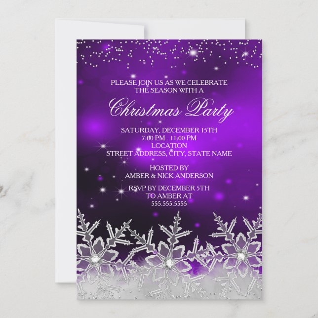 Convite de Natal Roxo Floco de Neve Cristalino par (Frente)