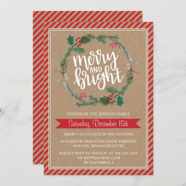 Convite de Natal Rustic Kraft Wreath (Frente/Verso)