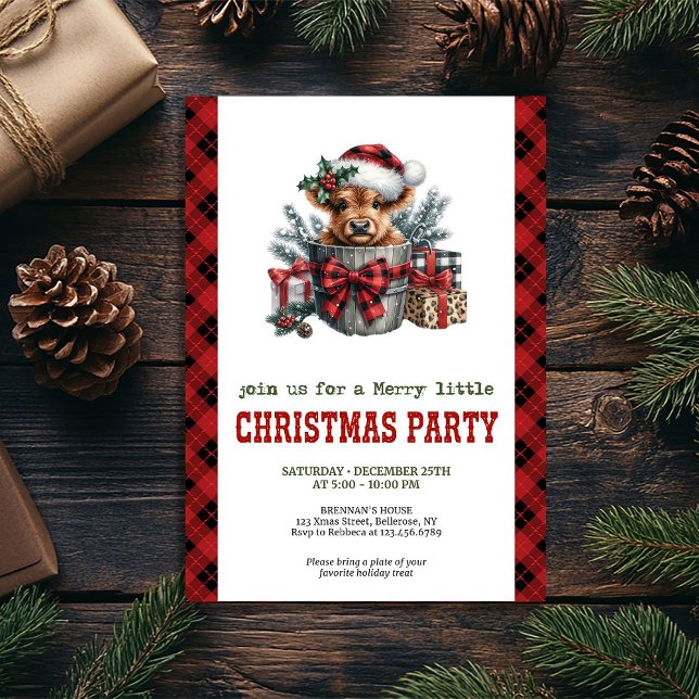 Convite de Natal rústico com arte de vaca highland (Rustic Christmas invitation with highland cow art)