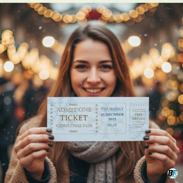 Convite de Natal Simples Azul e Dourado para Feira (ENTRY PASS TICKET)