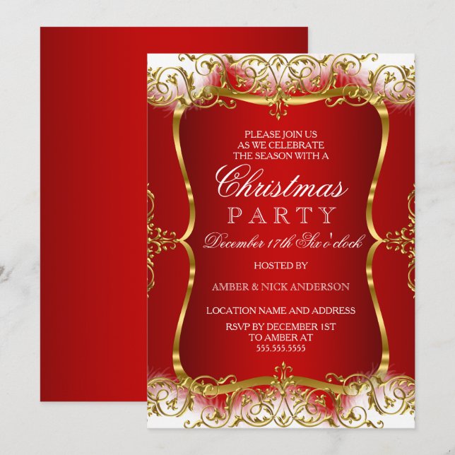 Convite de Natal Vermelho Dourado Branco Damask Fe (Frente/Verso)