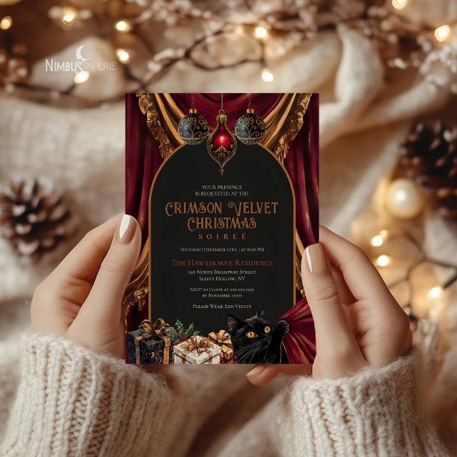 Convite de Natal Vermelho Veludo Dark Academia (Criador carregado)