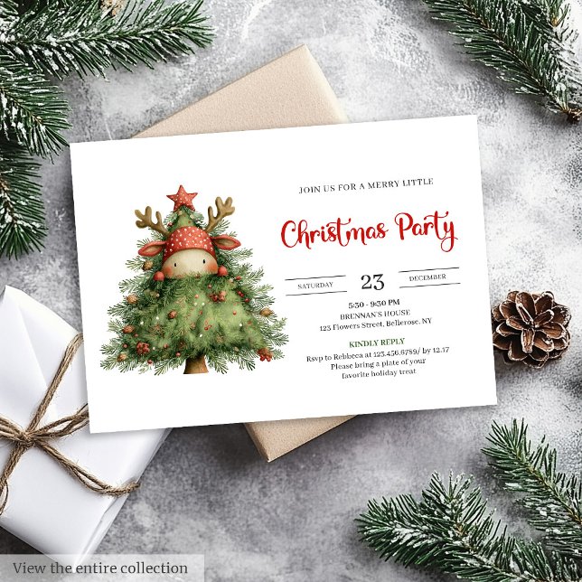 Convite de Natal vermelho verde trendy de rena exc (Quirky Reindeer trendy red green Christmas invite)