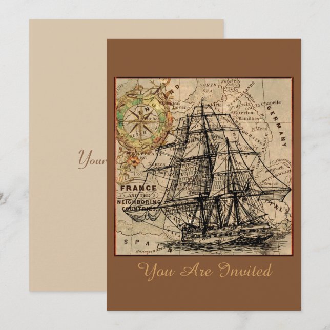 Convite de Navio Antigo e Mapa (Frente/Verso)