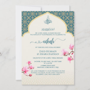Convite de Nikah Azul Teal Profundo Elegante com M