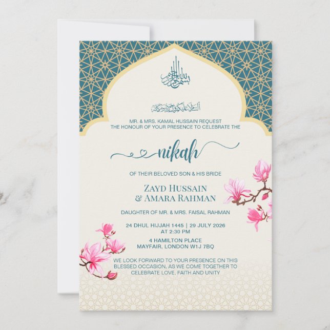 Convite de Nikah Azul Turquesa Profundo e Elegante (Frente)