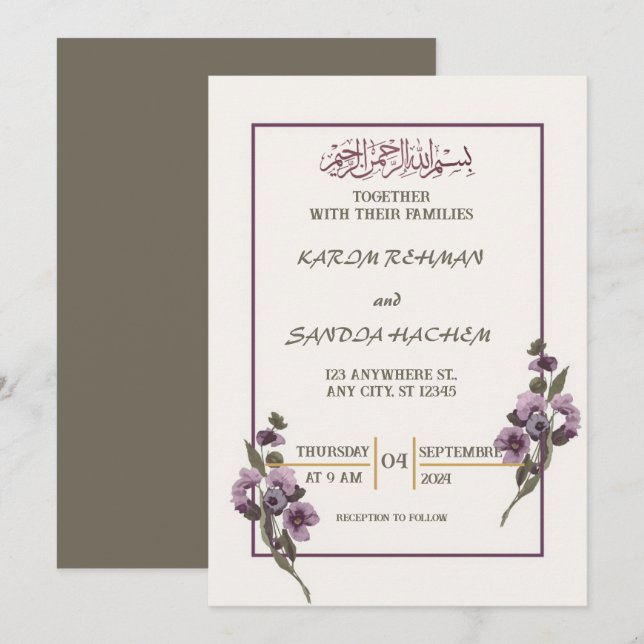 Convite de Nikah Islâmico Casamento Muçulmano Azul (Frente/Verso)