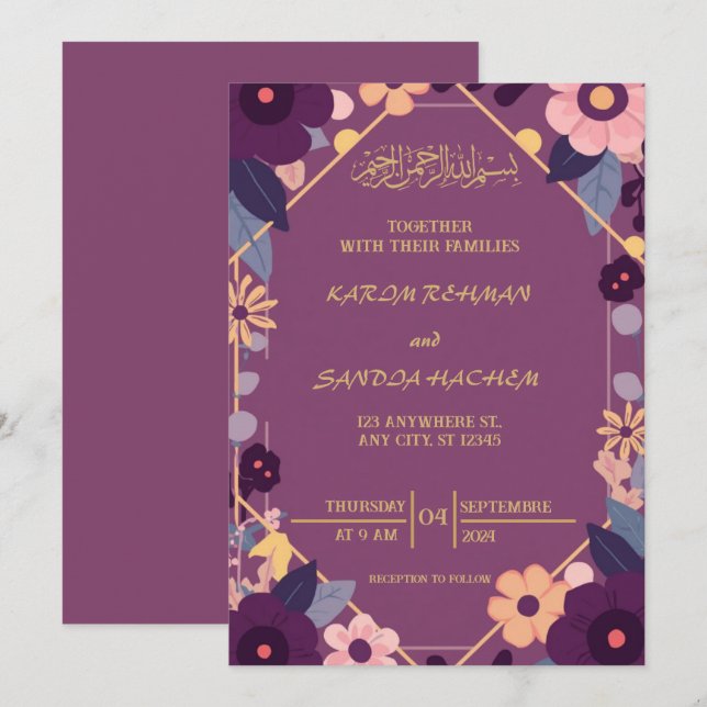 Convite de Nikah Islâmico Casamento Muçulmano Azul (Frente/Verso)